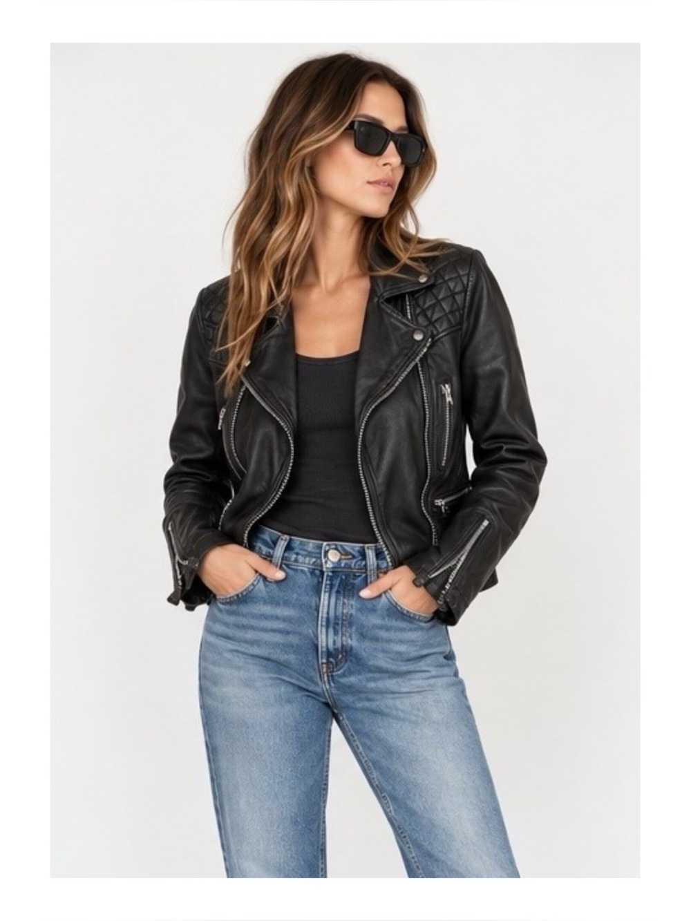 AllSaints Spitalfields XS Black Leather Quilted Moto Biker Jacket Distressed